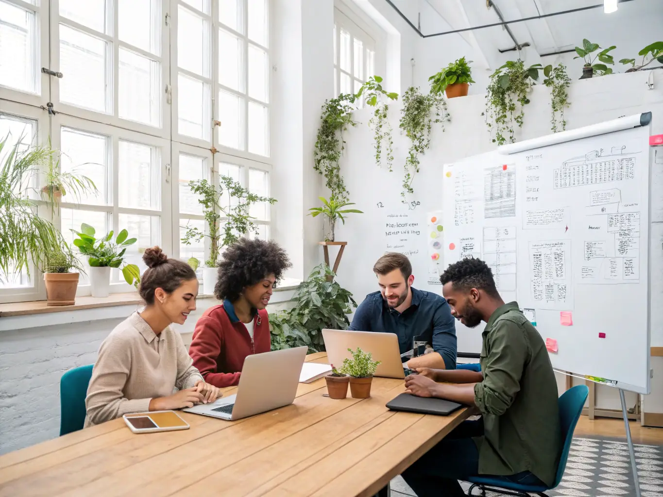 A diverse team of software developers collaborating on a project, showcasing expertise and teamwork in a modern office environment.