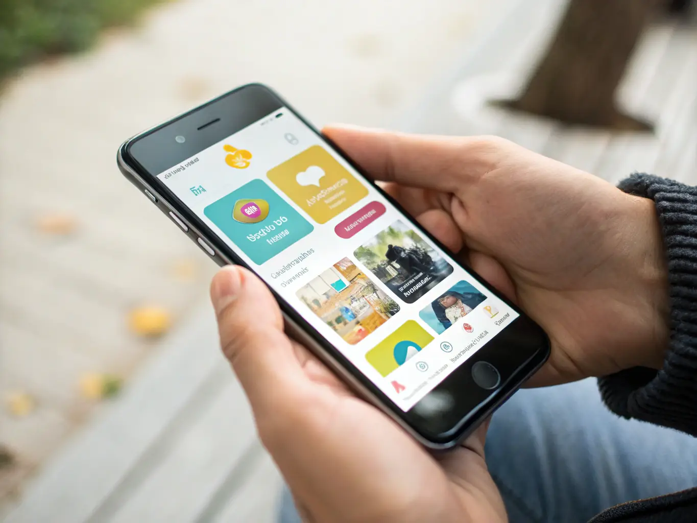 A smartphone displaying a vibrant, user-friendly mobile app interface, with icons representing various app features around it.
