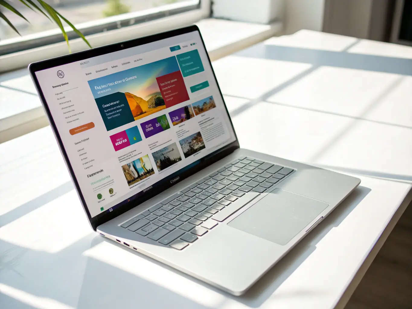 A modern laptop displaying a sleek, responsive website on its screen, with design elements floating around to symbolize creativity and technology.