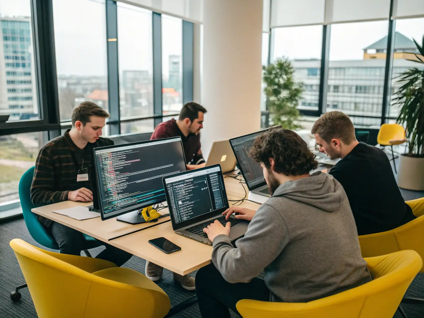 A diverse team of software developers collaborating in a modern office space, brainstorming and writing code on multiple monitors, symbolizing the collaborative and innovative approach to creating customized software solutions.